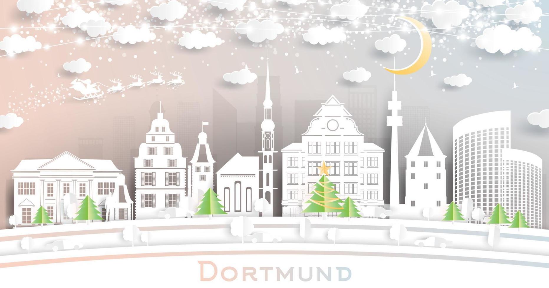 horizonte de la ciudad de dortmund alemania en estilo de corte de papel con copos de nieve, luna y guirnalda de neón. vector