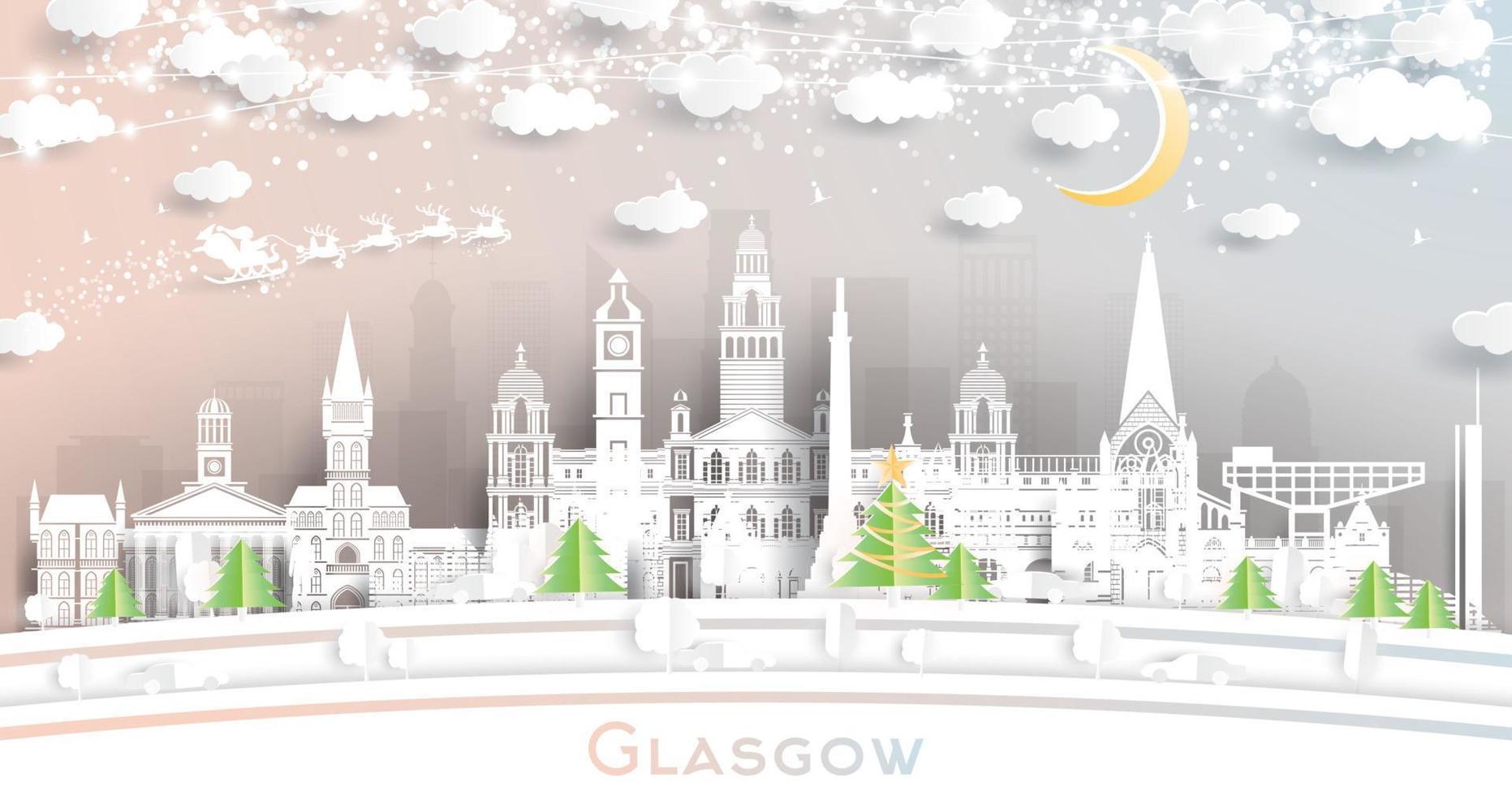 Glasgow Scotland City Skyline in Paper Cut Style with Snowflakes, Moon and Neon Garland. vector