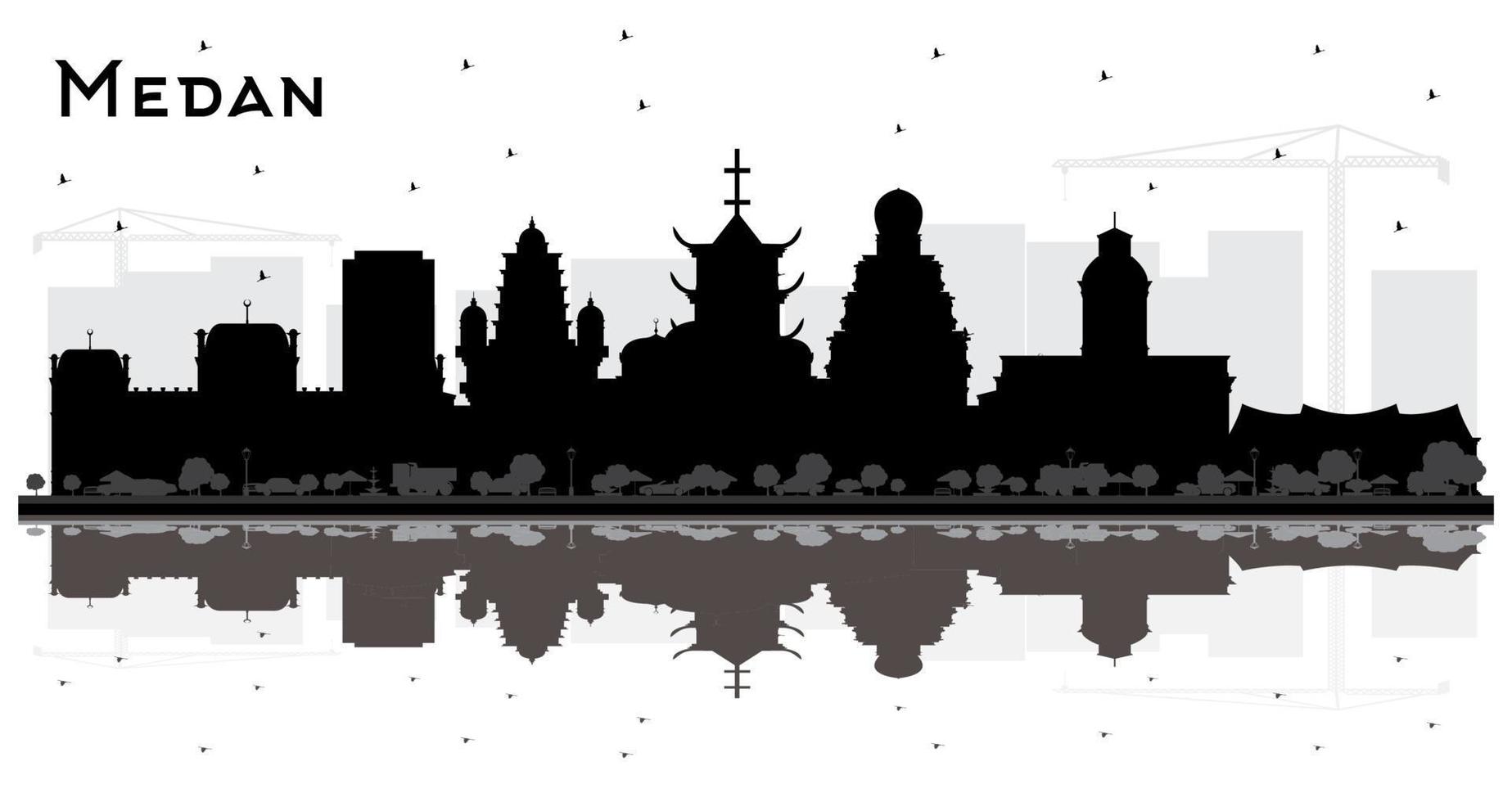 silueta del horizonte de la ciudad de medan indonesia con edificios negros y reflejos aislados en blanco. vector