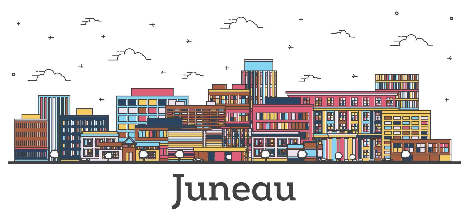 Outline Juneau Alaska City Skyline with Color Buildings Isolated on White. vector
