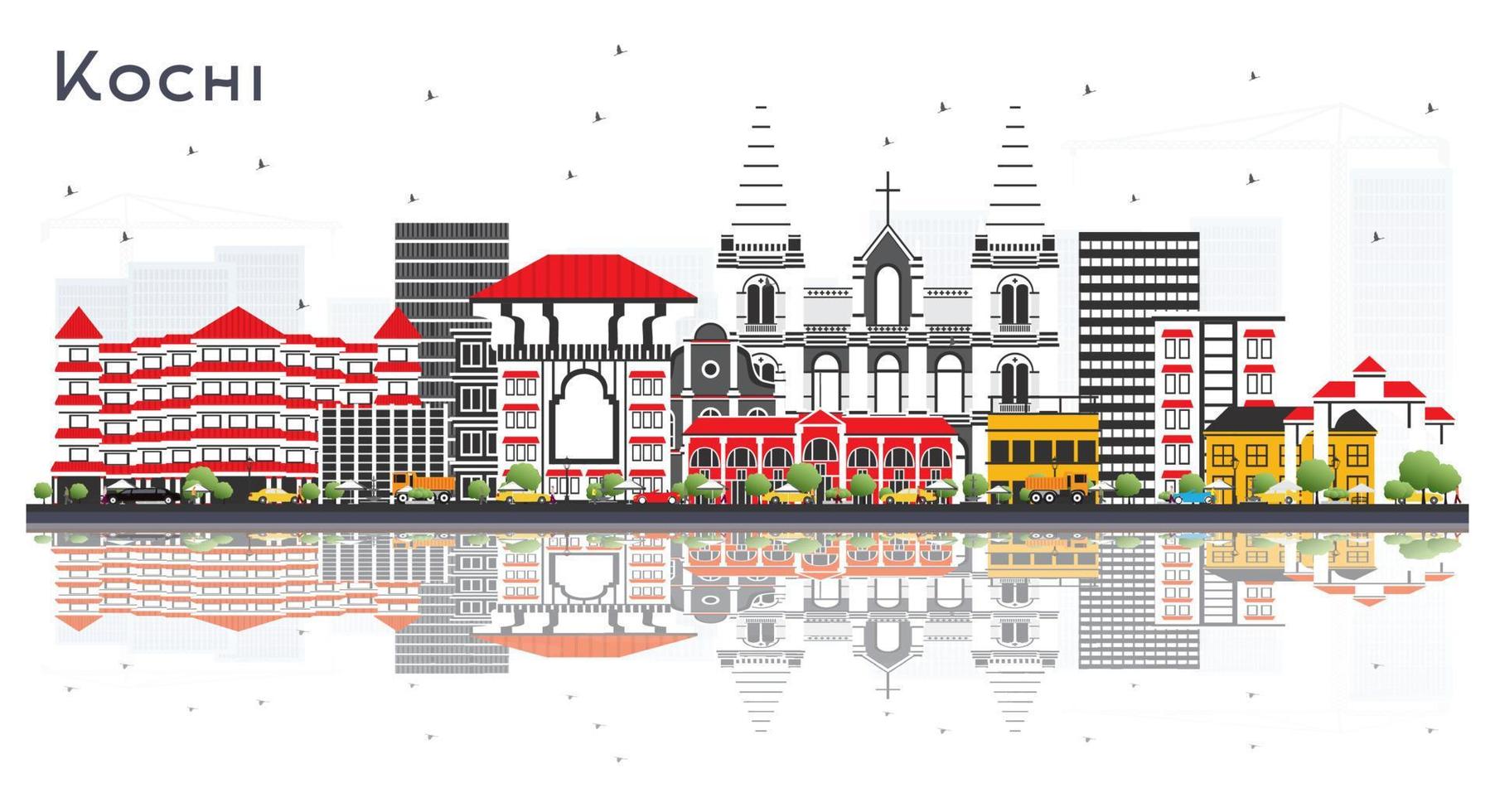 Kochi India City Skyline with Color Buildings and Reflections Isolated on White. vector