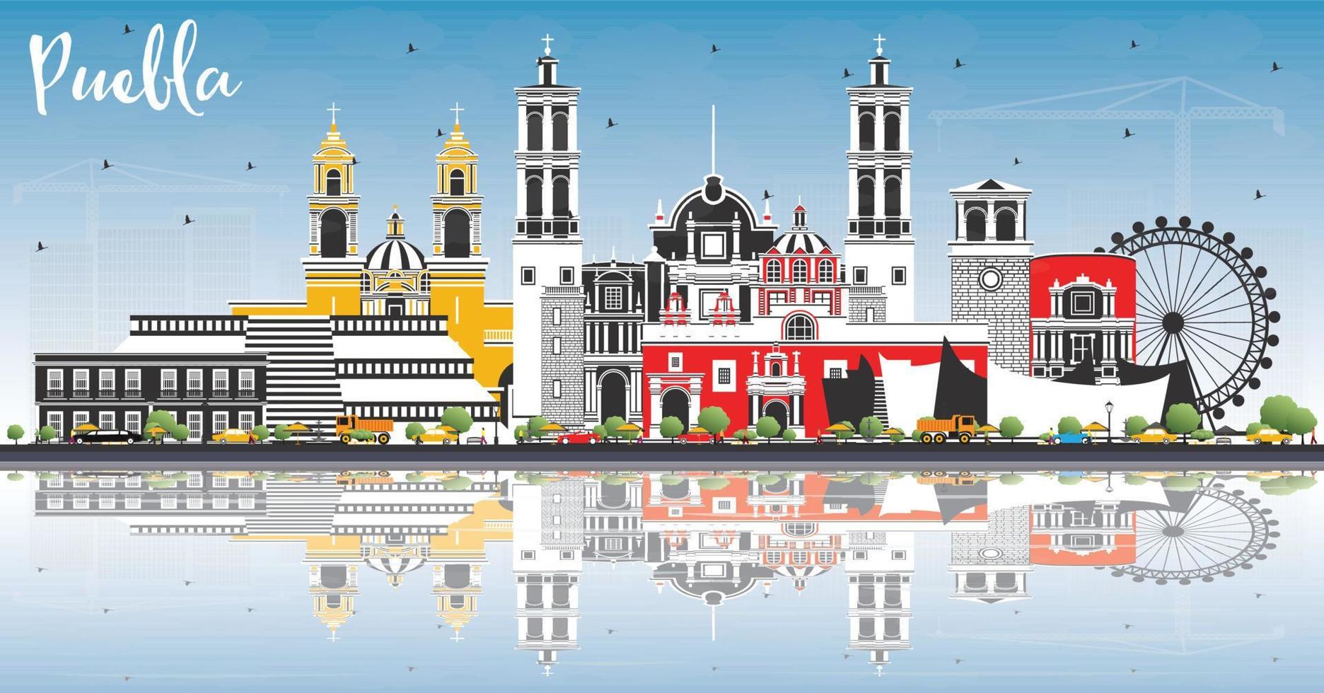 Puebla Mexico City Skyline with Color Buildings, Blue Sky and Reflections. vector