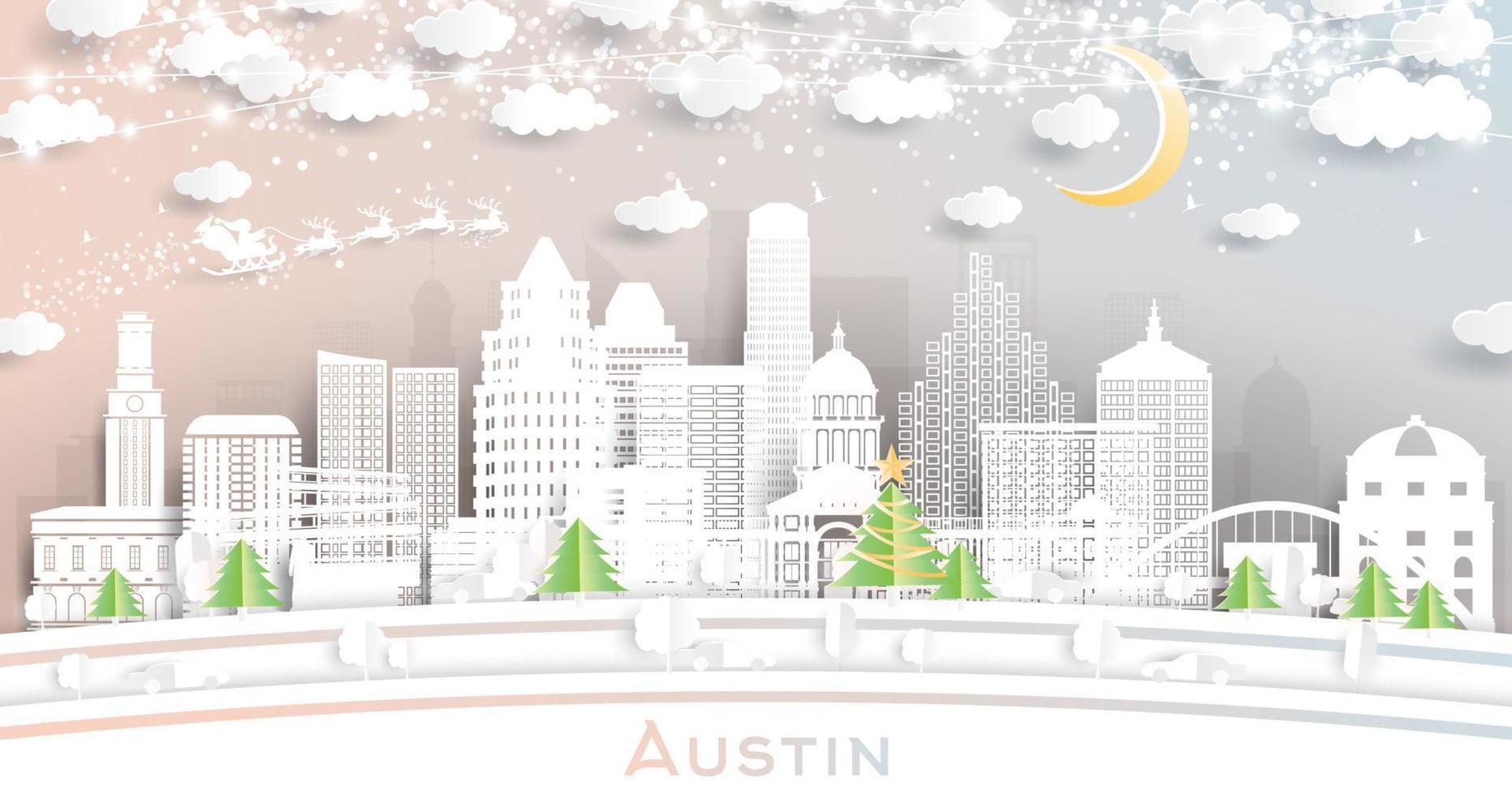 horizonte de la ciudad de austin texas en estilo de corte de papel con copos de nieve, luna y guirnalda de neón. vector