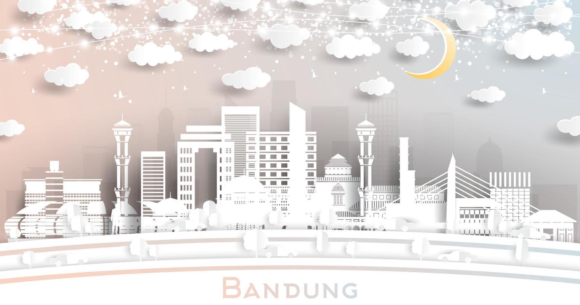 el horizonte de la ciudad de bandung indonesia en estilo de corte de papel con edificios blancos, luna y guirnalda de neón. vector