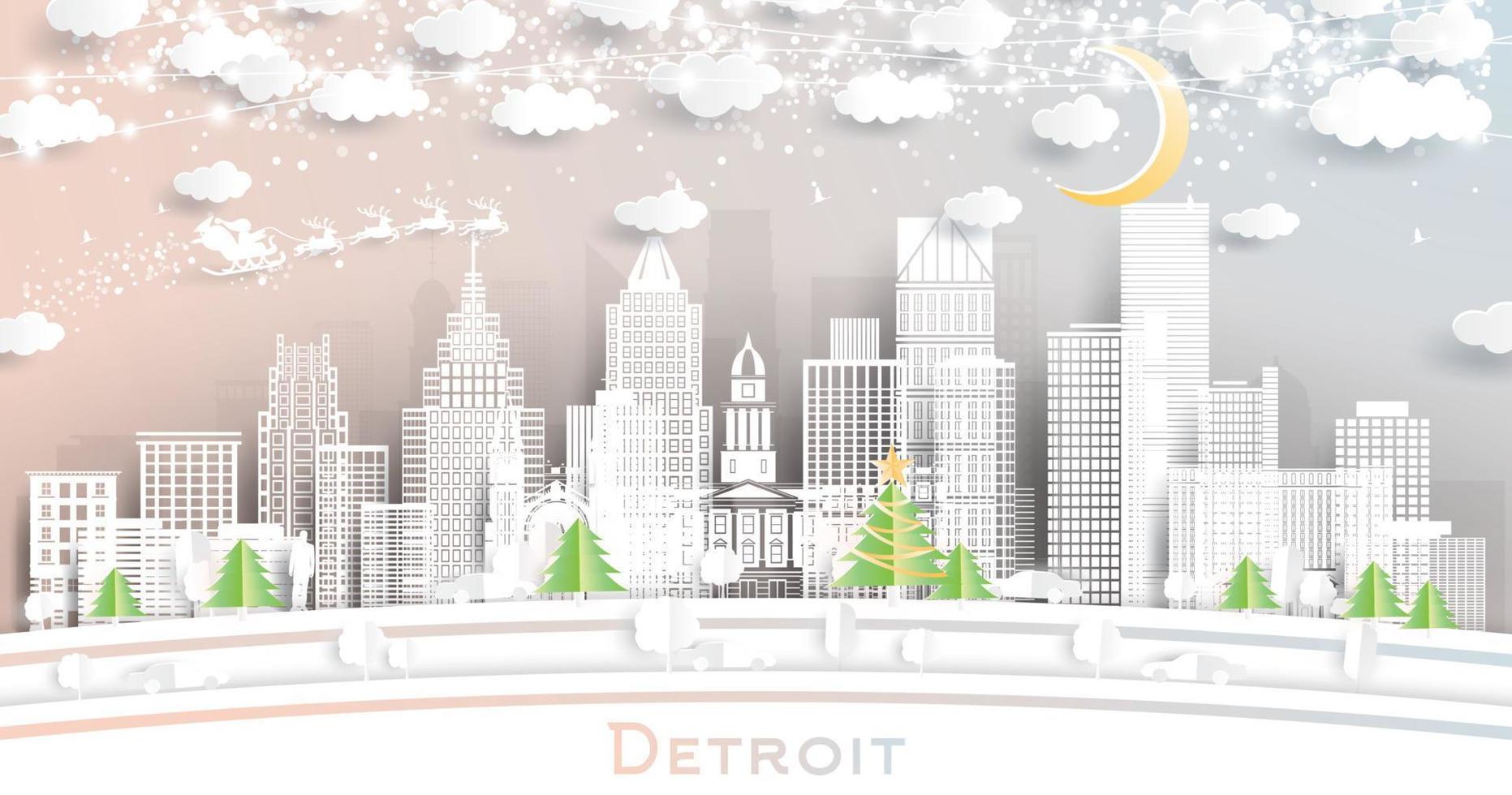 horizonte de la ciudad de detroit michigan en estilo de corte de papel con copos de nieve, luna y guirnalda de neón. vector