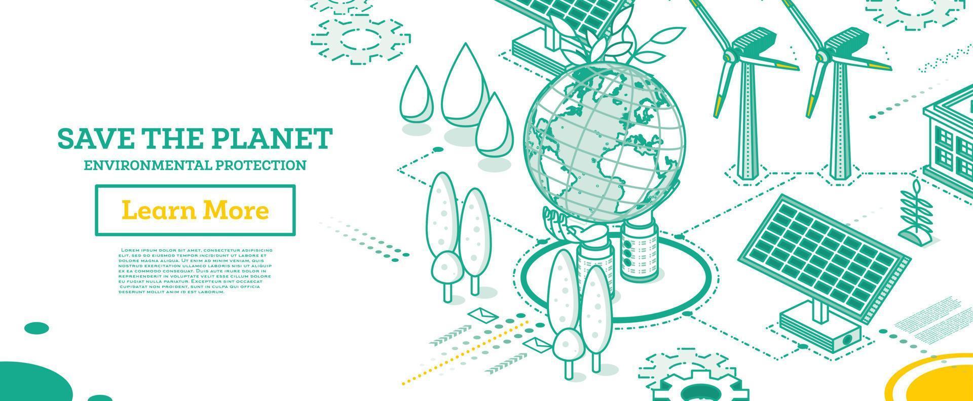 salve el planeta. las manos sostienen el modelo del globo. concepto isométrico. protección del medio ambiente. vector