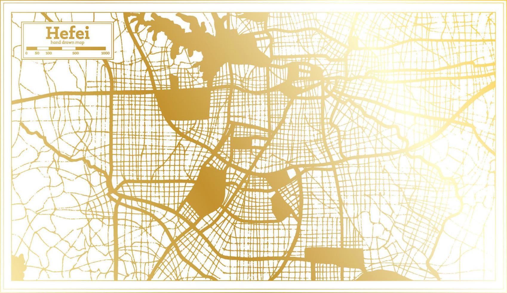 mapa de la ciudad de hefei china en estilo retro en color dorado. esquema del mapa. vector