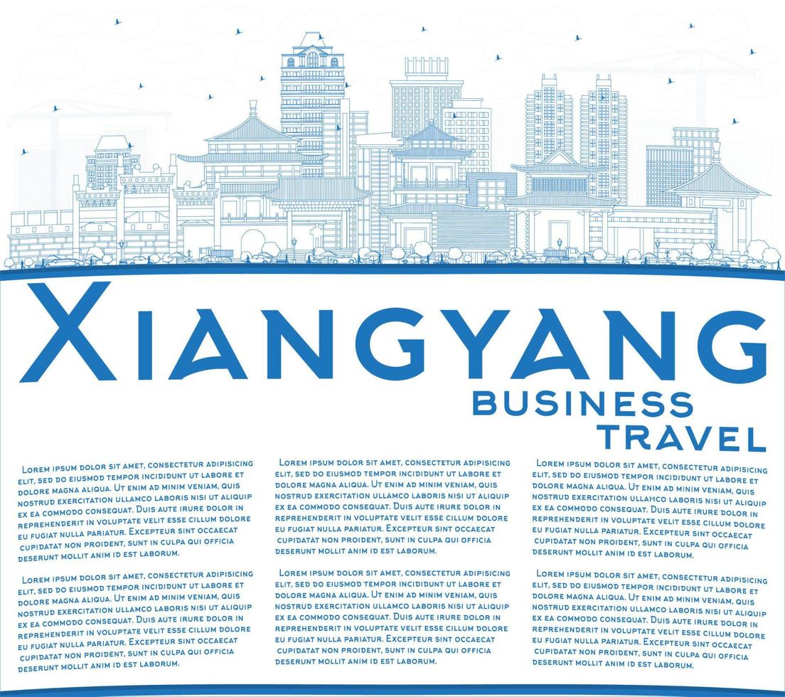 Outline Xiangyang China City Skyline with Blue Buildings and Copy Space. vector