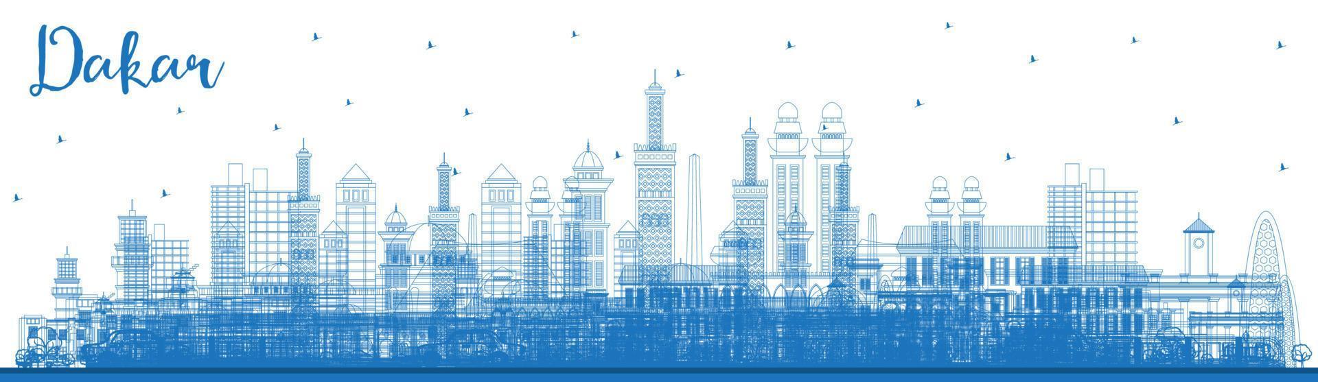 Outline Dakar Senegal City Skyline with Blue Buildings. vector