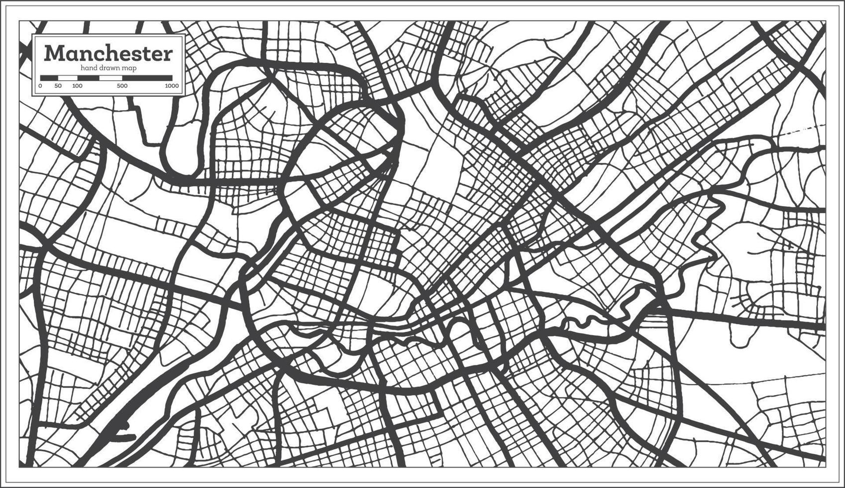 mapa de la ciudad de manchester gran bretaña en color blanco y negro en estilo retro. esquema del mapa. vector