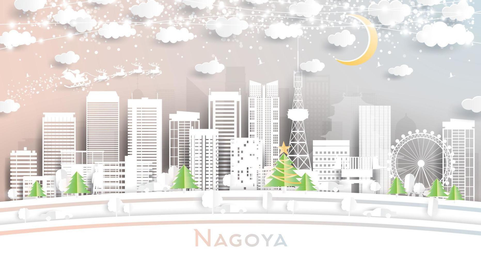 horizonte de la ciudad de nagoya japón en estilo de corte de papel con copos de nieve, luna y guirnalda de neón. vector