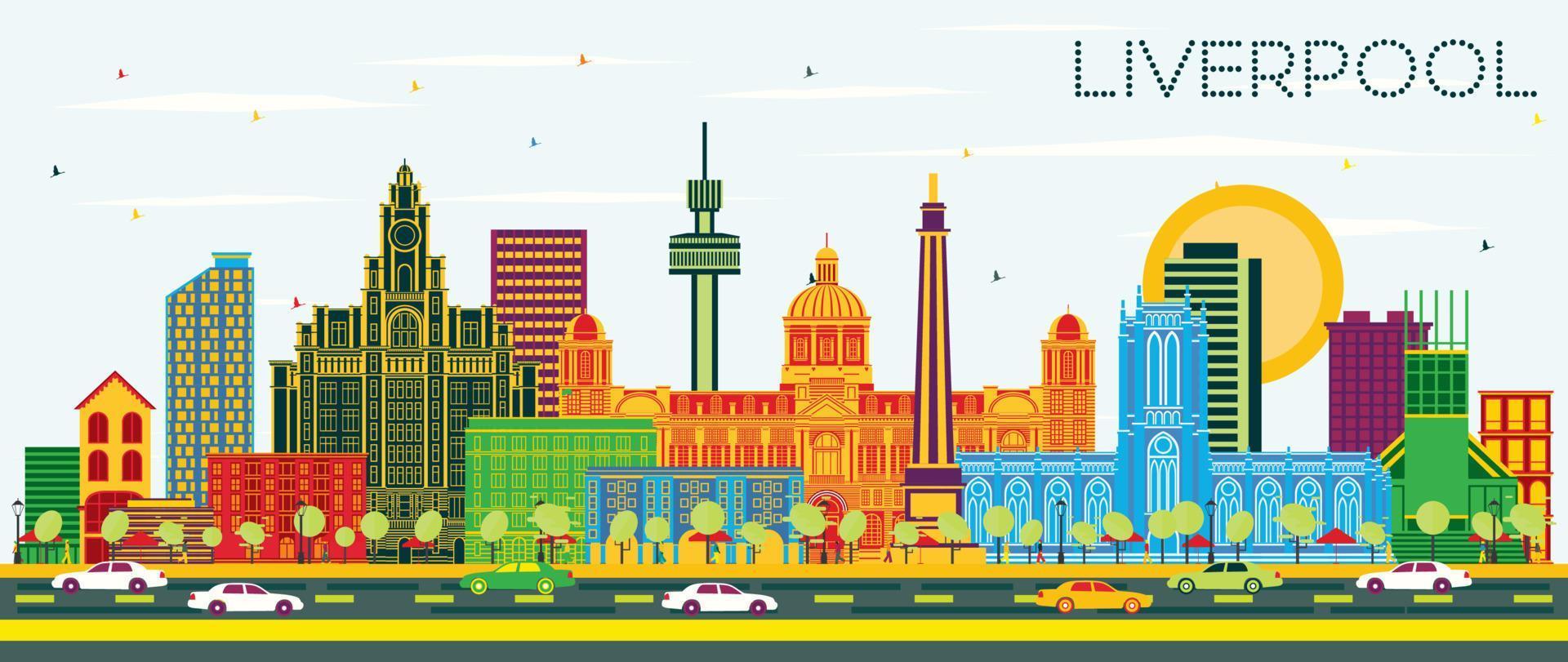 Liverpool UK City Skyline with Color Buildings and Blue Sky. vector