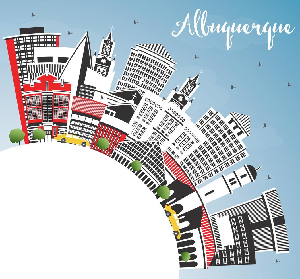 el horizonte de la ciudad de albuquerque, nuevo méxico, con edificios de color, cielo azul y espacio para copiar. vector