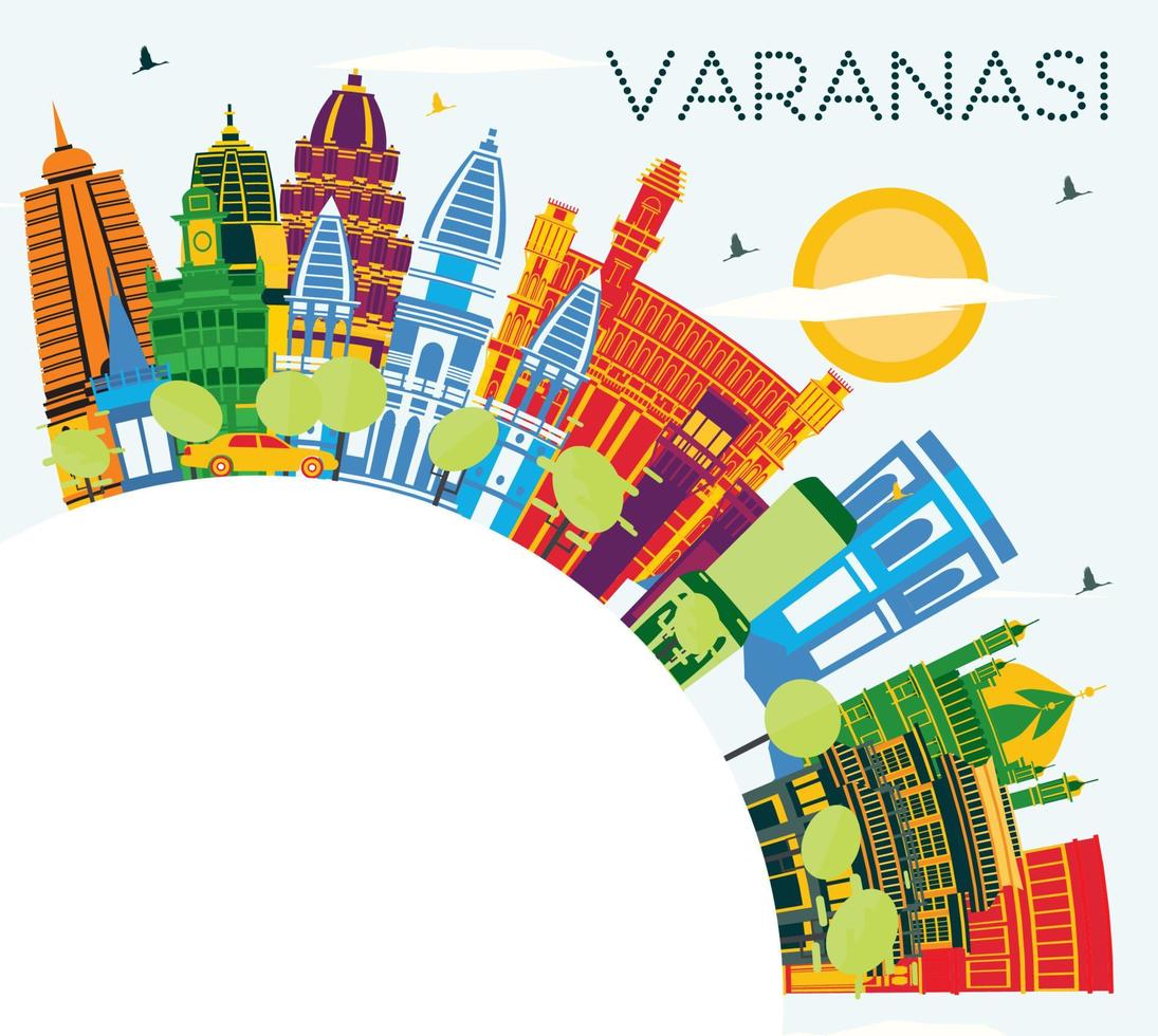 Varanasi India City Skyline with Color Buildings, Blue Sky and Copy Space. vector