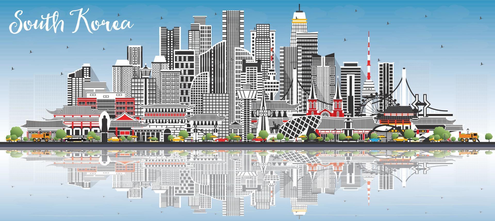 South Korea City Skyline with Gray Buildings, Blue Sky and Reflections. vector