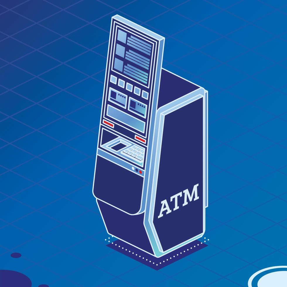 Modern Atm Machine on Blue Background. Isometric Business Concept. vector