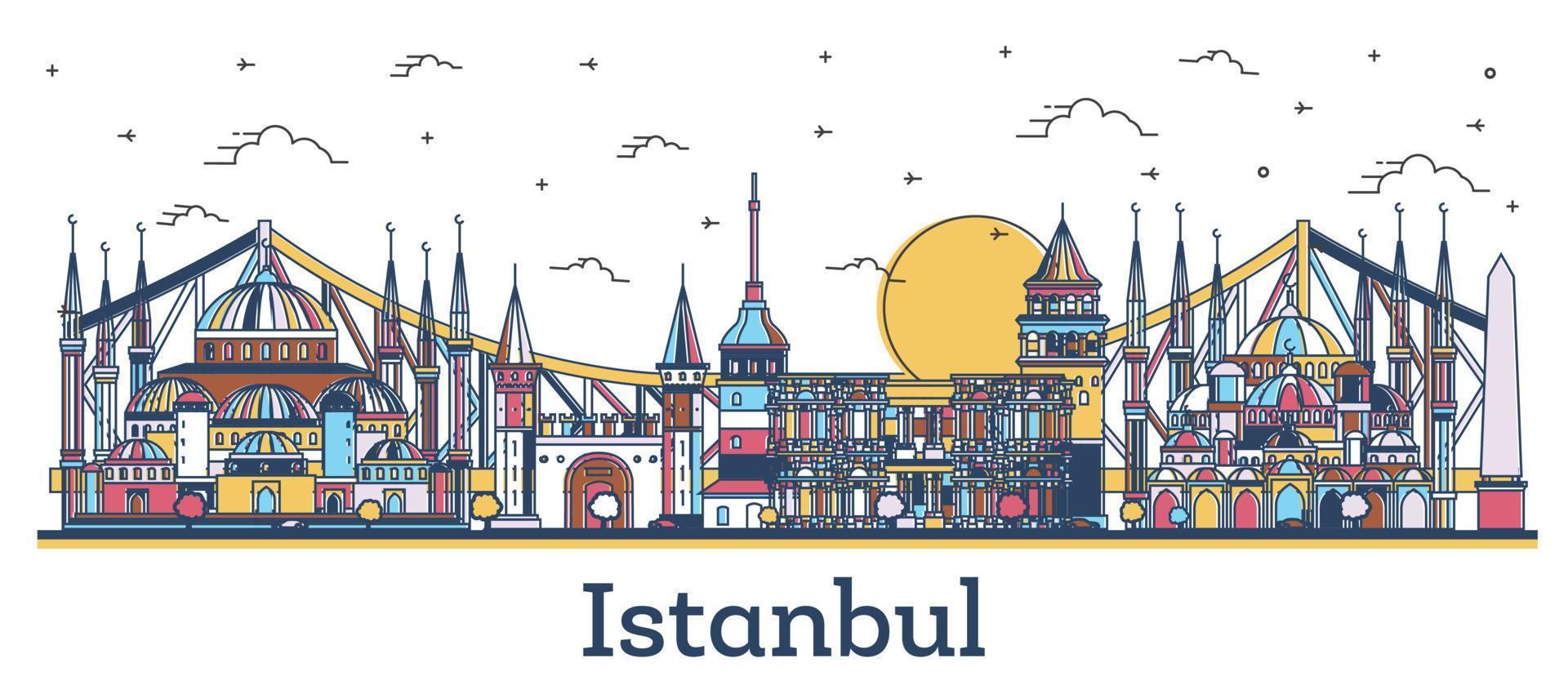 delinear el horizonte de la ciudad de estambul, turquía, con edificios históricos de colores aislados en blanco. vector