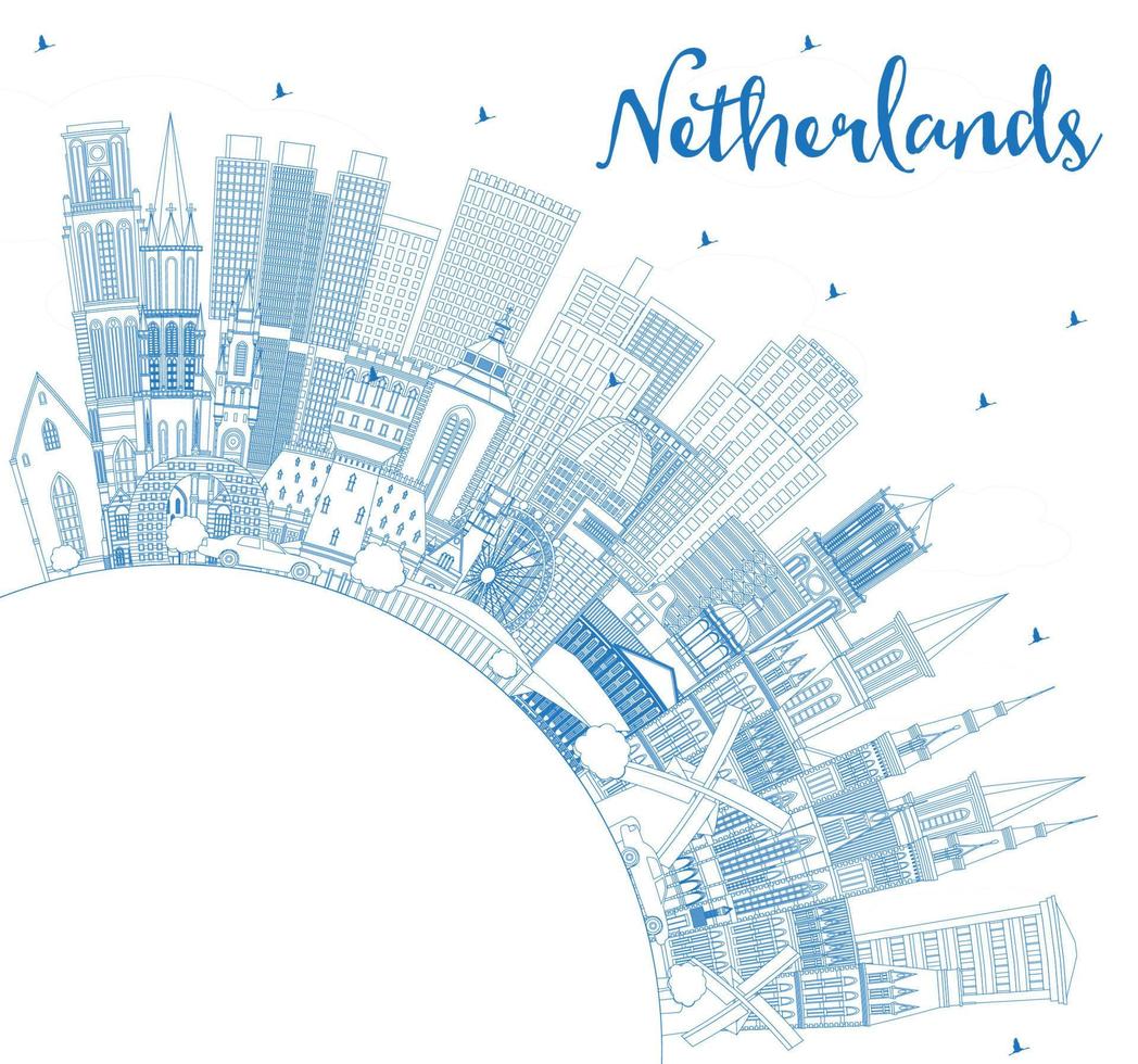 Outline Netherlands Skyline with Blue Buildings and Copy Space. vector