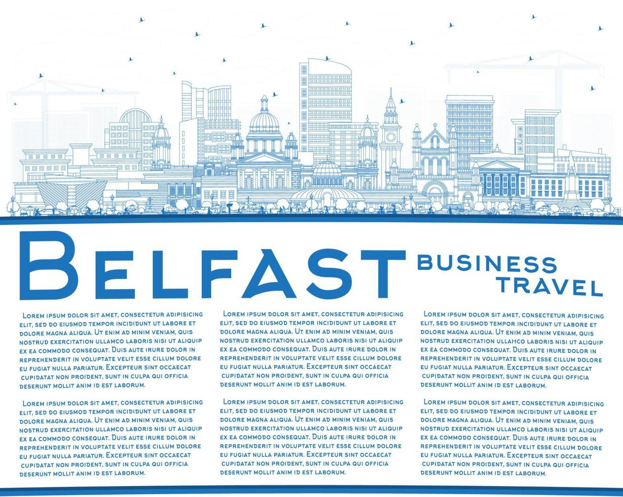 esbozar el horizonte de la ciudad de belfast, irlanda del norte, con edificios azules y espacio para copiar. vector