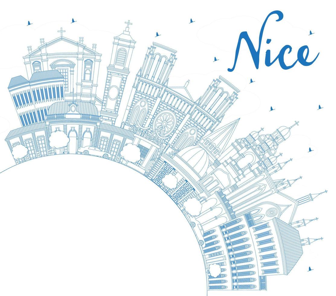 Outline Nice France City Skyline with Blue Buildings and Copy Space. vector