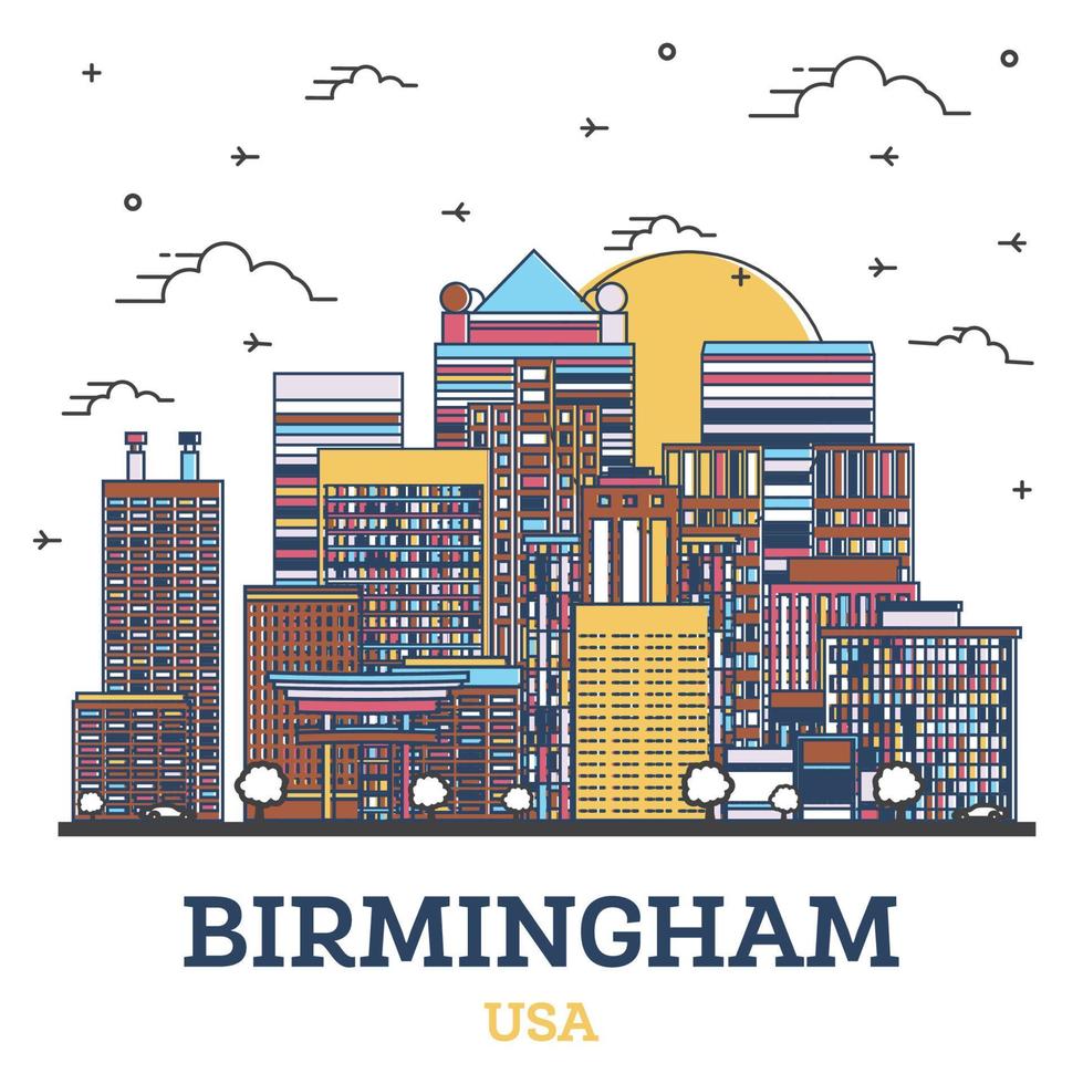 Outline Birmingham Alabama USA City Skyline with Color Buildings Isolated on White. vector
