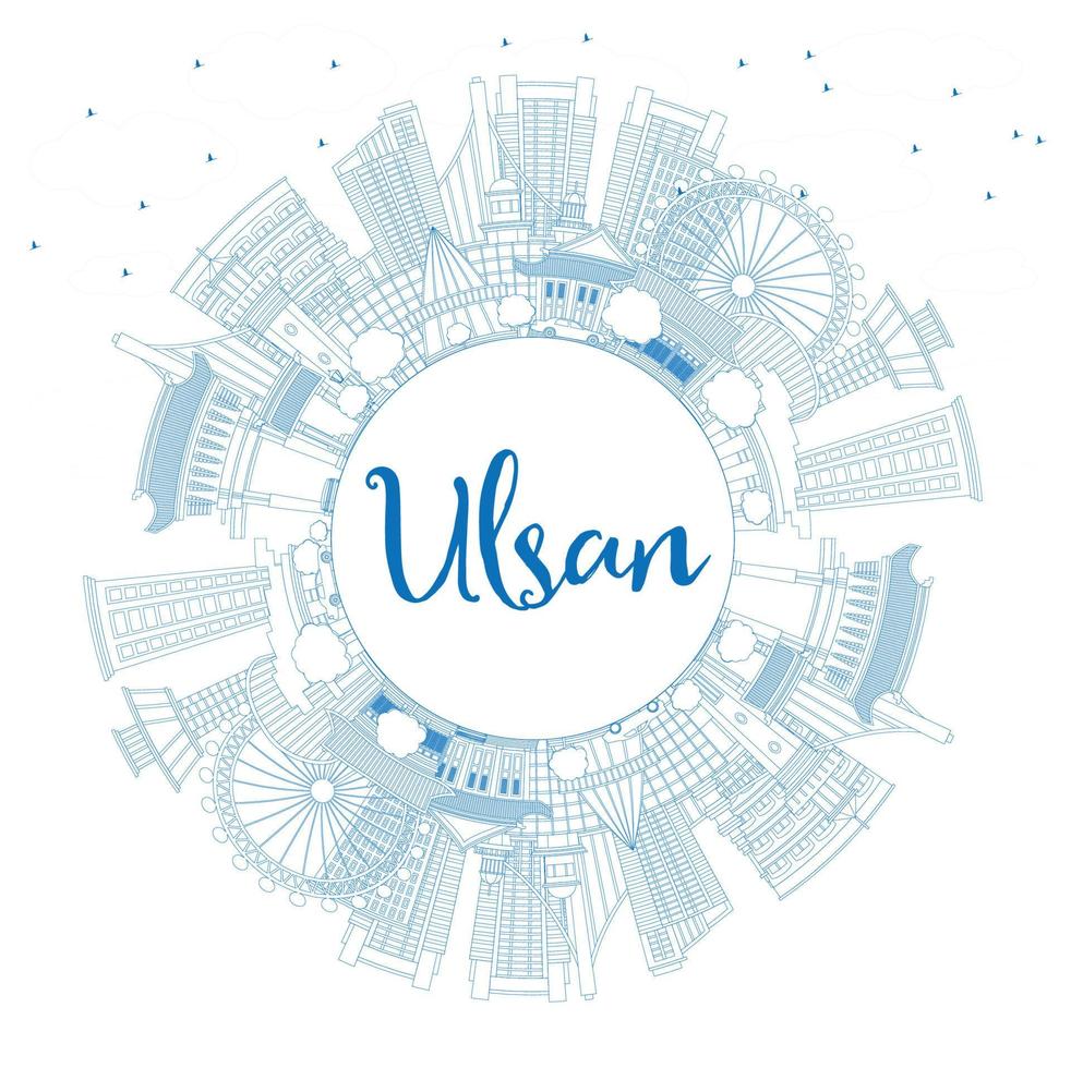 Outline Ulsan South Korea City Skyline with Blue Buildings and Copy Space. vector