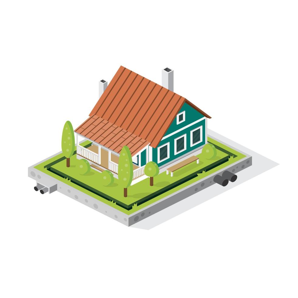 Isometric Residential City Building with Trees and Green Grass on Courtyard. vector