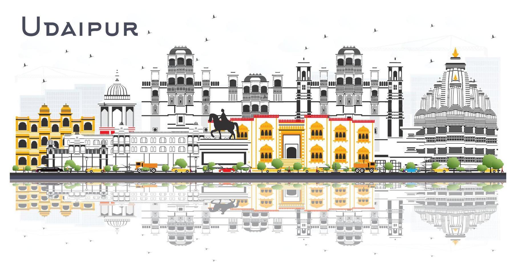 Udaipur India City Skyline with Color Buildings and Reflections Isolated on White. vector