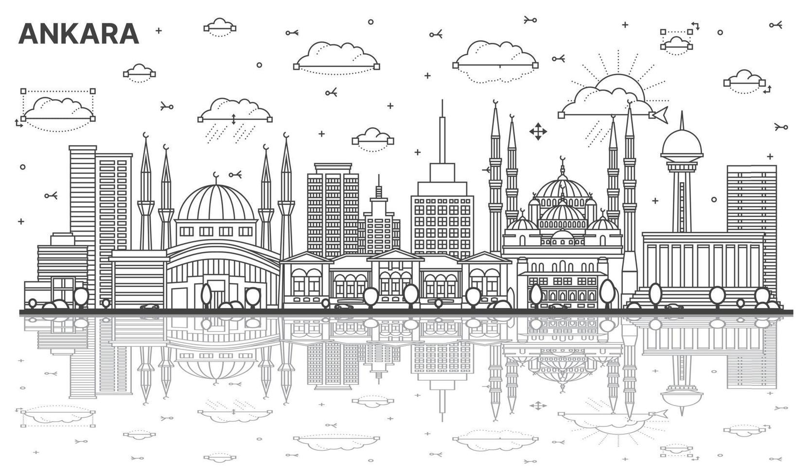 Outline Ankara Turkey City Skyline with Historic Buildings and Reflections Isolated on White. vector