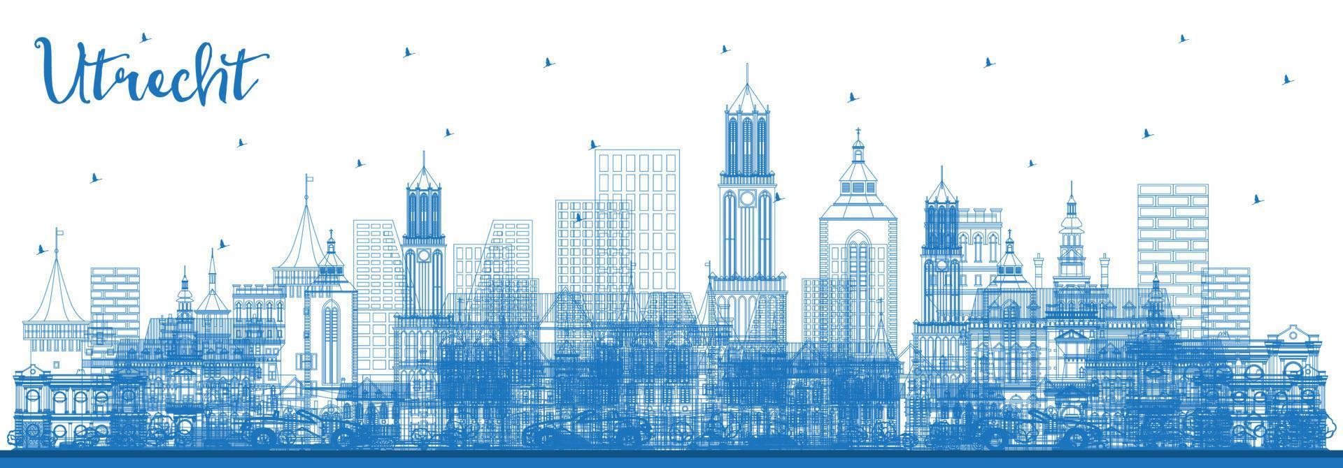 delinear el horizonte de la ciudad de utrecht, países bajos, con edificios azules. vector