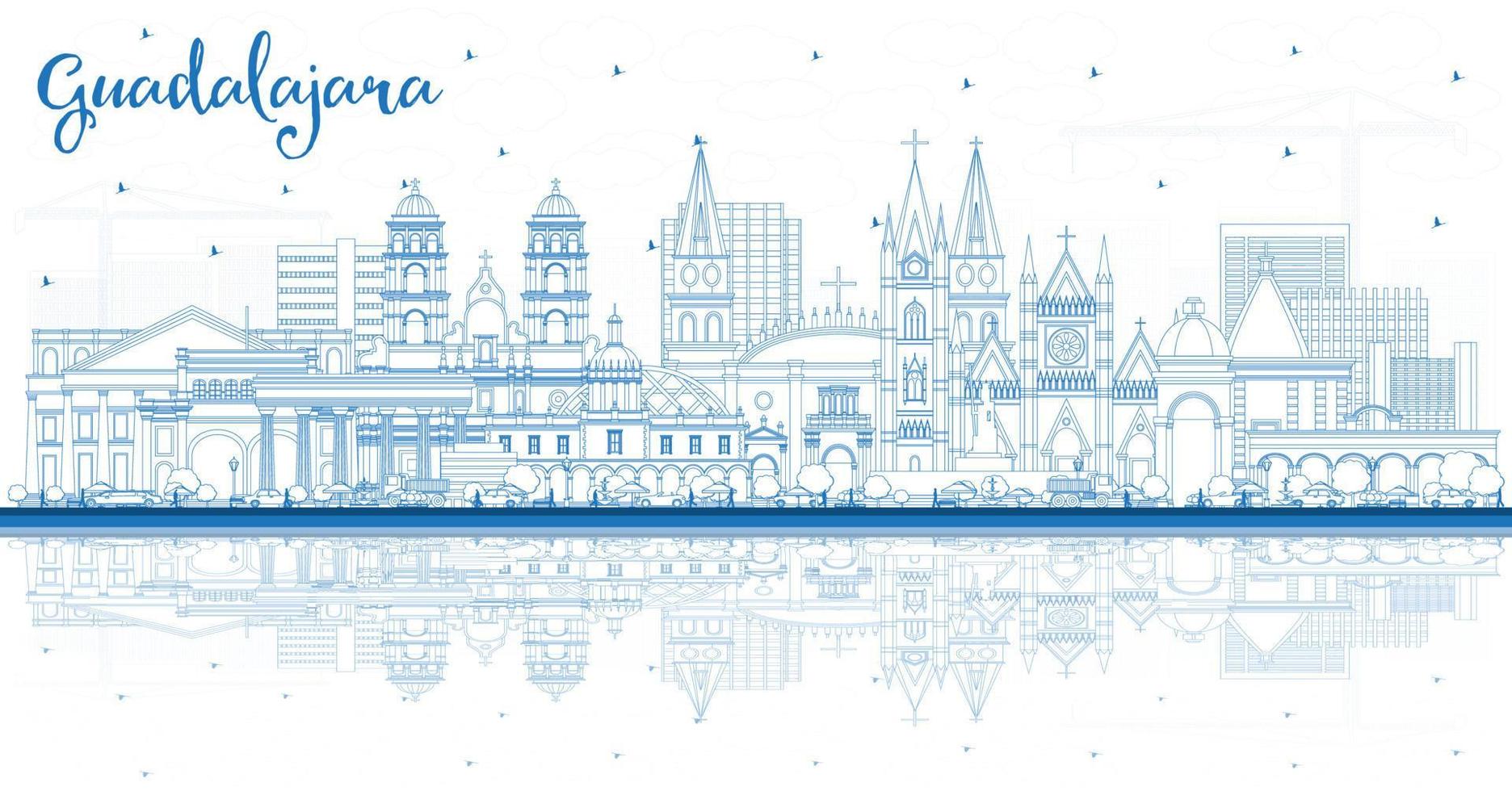 Outline Guadalajara Mexico City Skyline with Blue Buildings and Reflections. vector