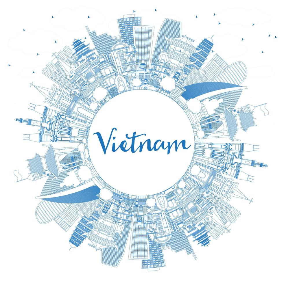 delinee el horizonte de la ciudad de vietnam con edificios azules y copie el espacio. vector