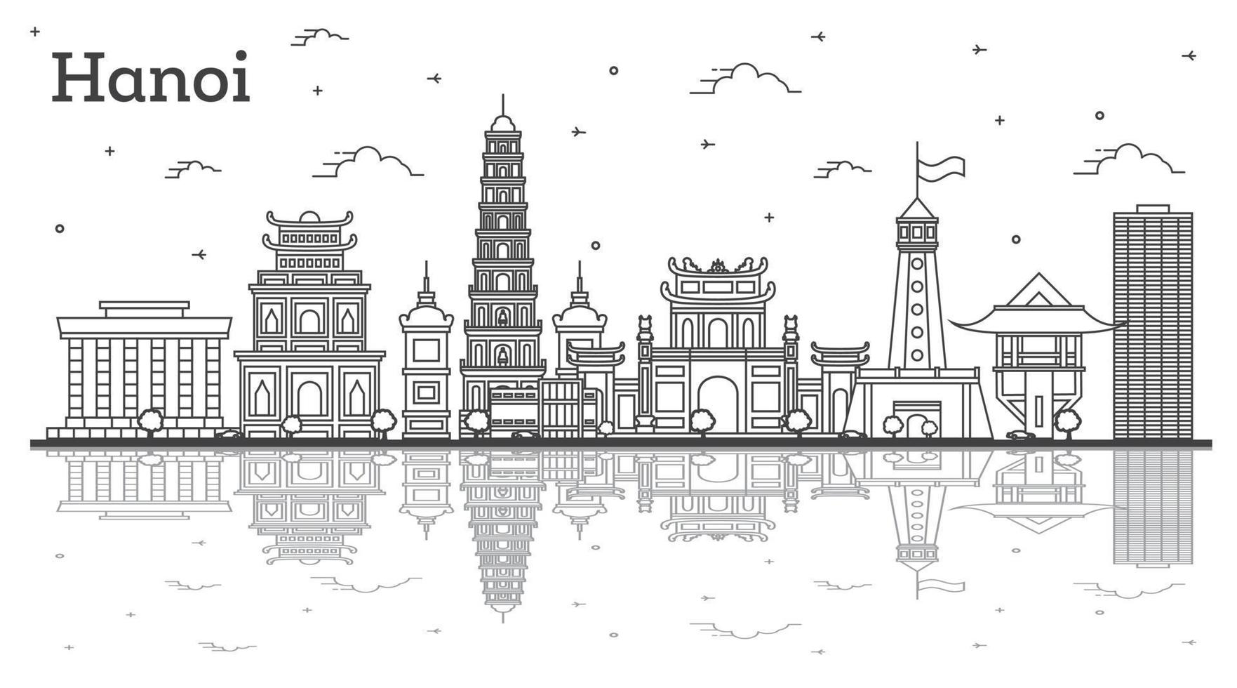 Outline Hanoi Vietnam City Skyline with Modern Buildings and Reflections Isolated on White. vector