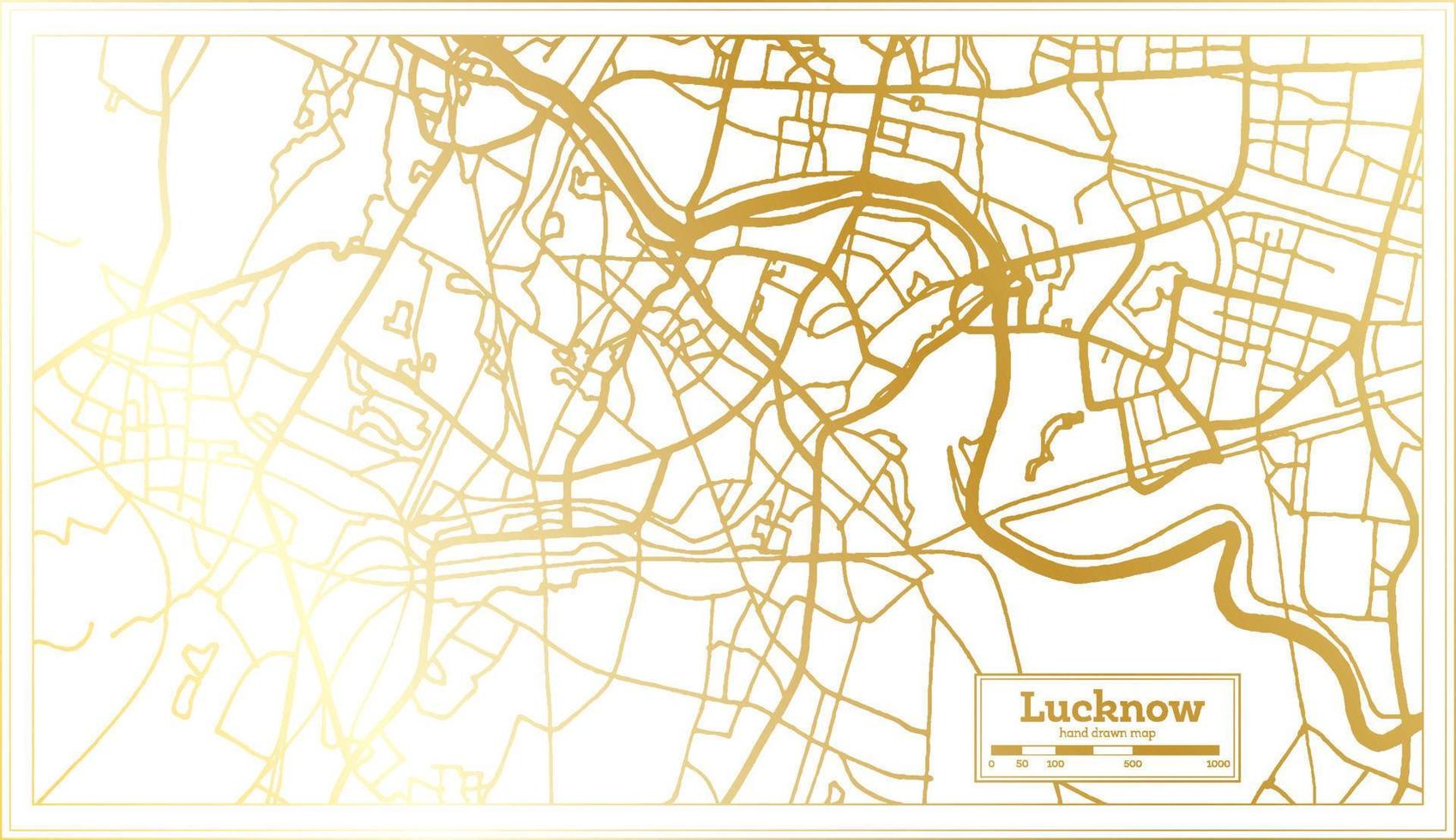 lucknow mapa de la ciudad india en estilo retro en color dorado. esquema del mapa. vector