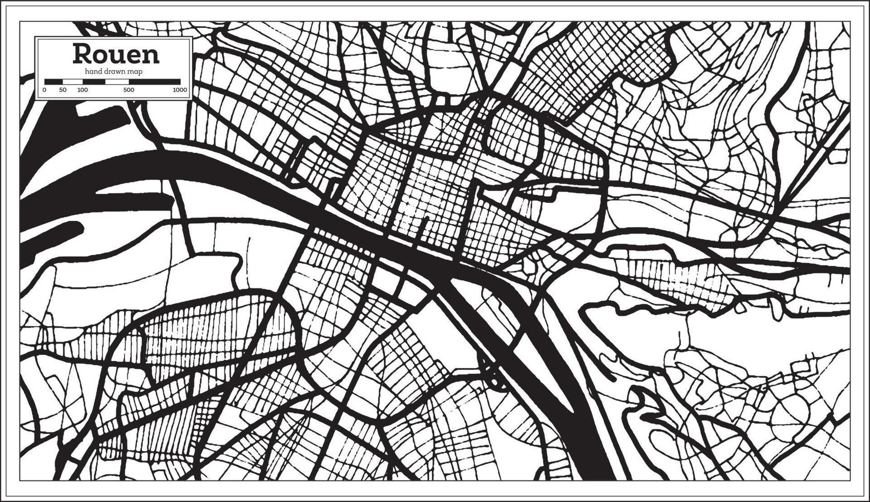 mapa de la ciudad de rouen francia en color blanco y negro en estilo retro. esquema del mapa. vector