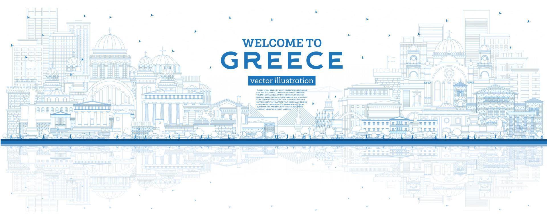 Outline Welcome to Greece City Skyline with Blue Buildings and Reflections. vector