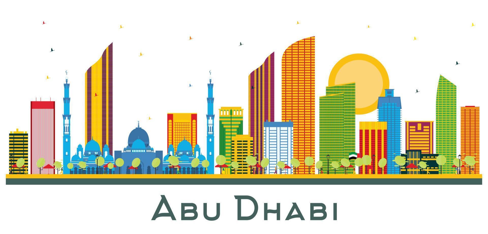 Abu Dhabi UAE City Skyline with Color Buildings Isolated on White. vector