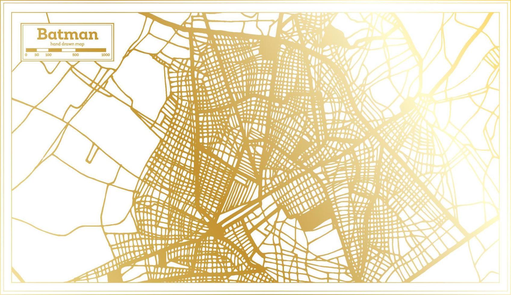 mapa de la ciudad de batman turquía en estilo retro en color dorado. esquema del mapa. vector