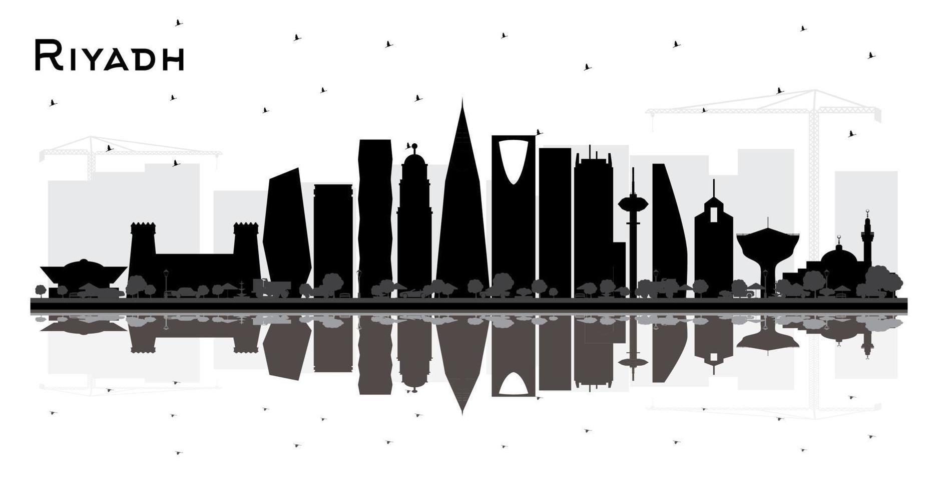 silueta del horizonte de la ciudad de riyadh arabia saudita con edificios negros y reflejos aislados en blanco. vector