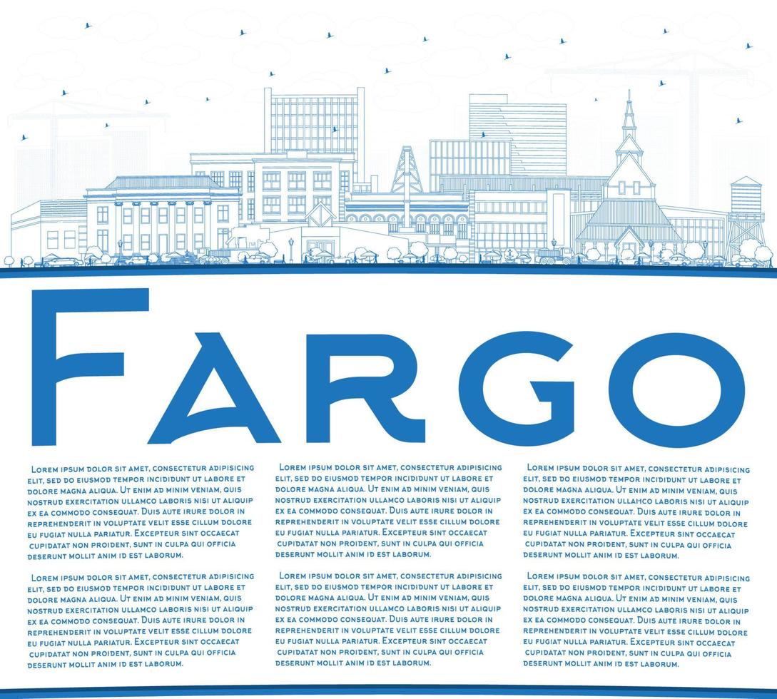 esbozar el horizonte de la ciudad de Fargo North Dakota con edificios azules y espacio de copia. vector