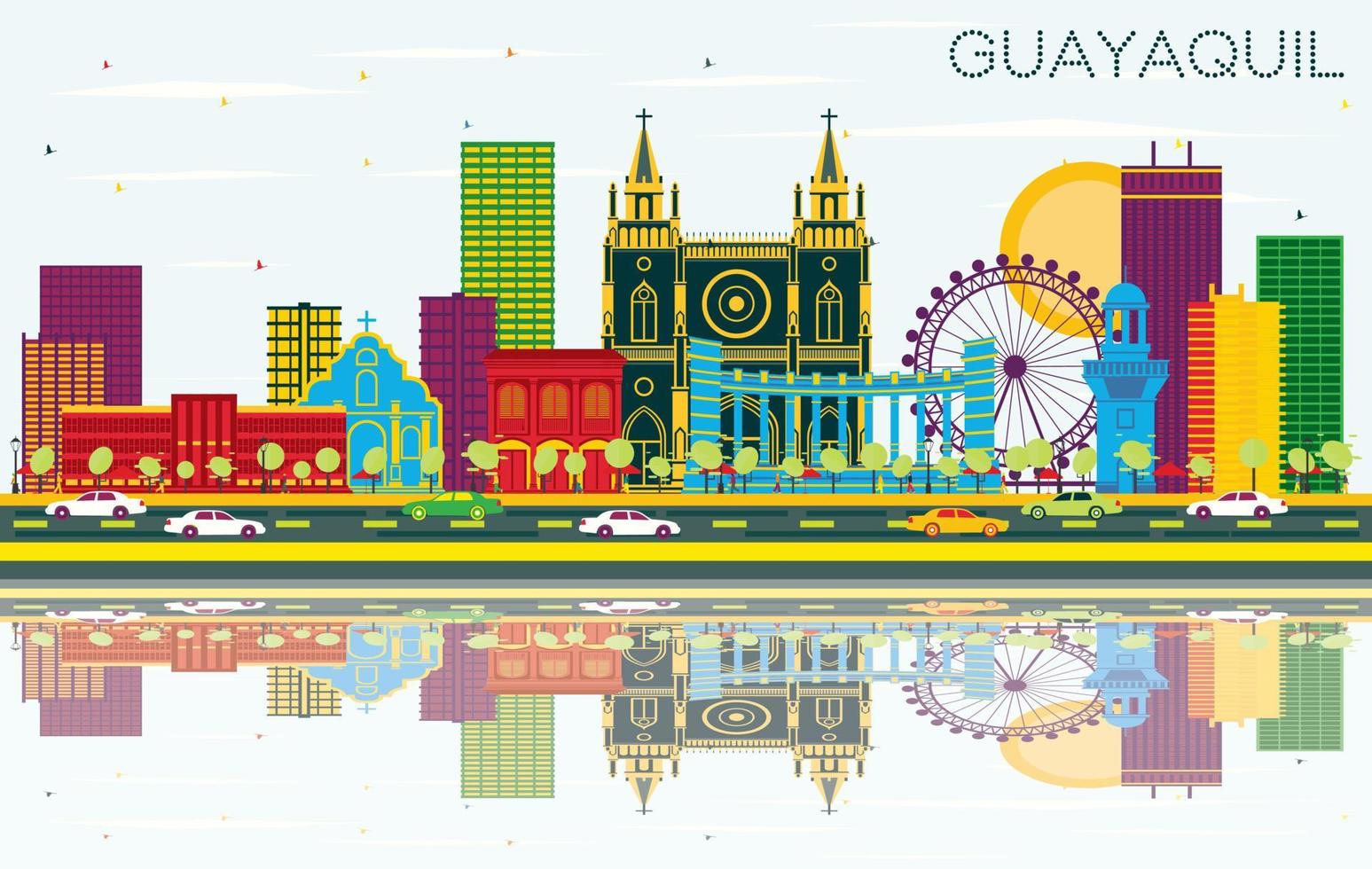 Guayaquil Ecuador City Skyline with Color Buildings, Blue Sky and Reflections. vector