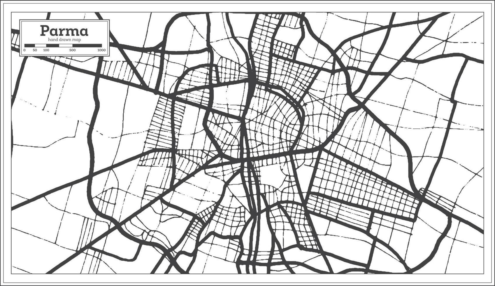 mapa de la ciudad de parma italia en color blanco y negro en estilo retro. esquema del mapa. vector