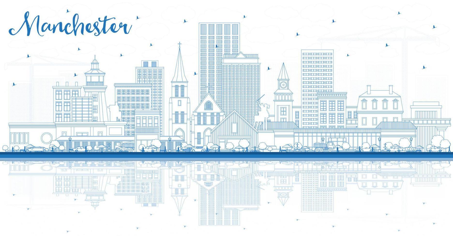 esbozar el horizonte de la ciudad de manchester new hampshire con edificios azules y reflejos. vector