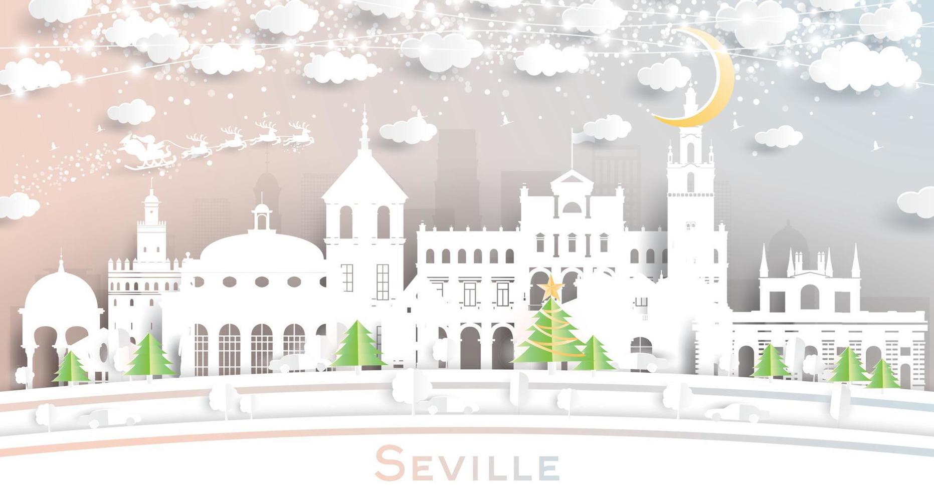 el horizonte de la ciudad de sevilla españa en estilo de corte de papel con copos de nieve, luna y guirnalda de neón. vector