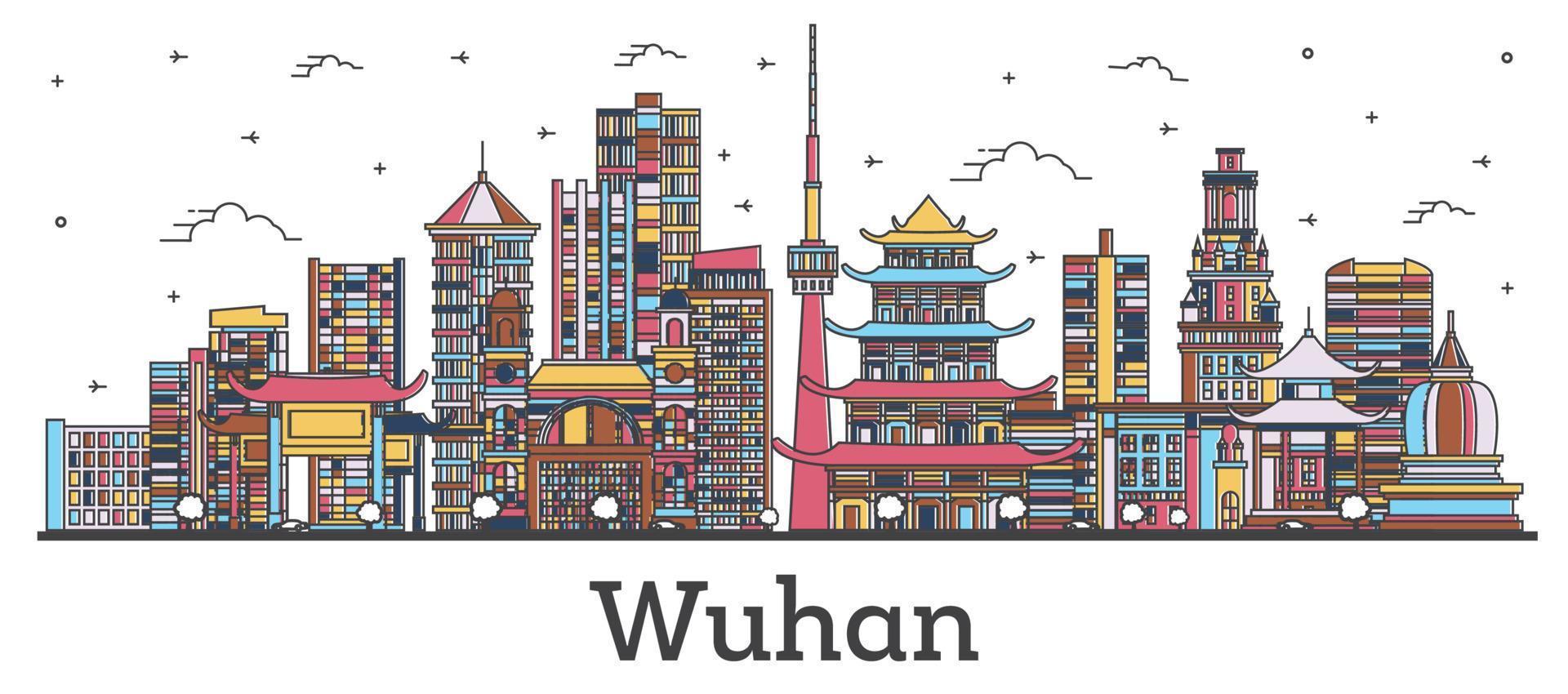 delinear el horizonte de la ciudad de wuhan china con edificios de color aislados en blanco. vector