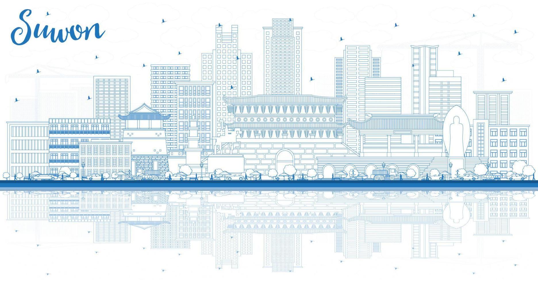 Outline Suwon South Korea City Skyline with Blue Buildings and Reflections. vector