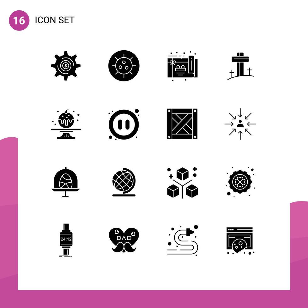 Modern Set of 16 Solid Glyphs Pictograph of audio candy party sweet cross Editable Vector Design Elements