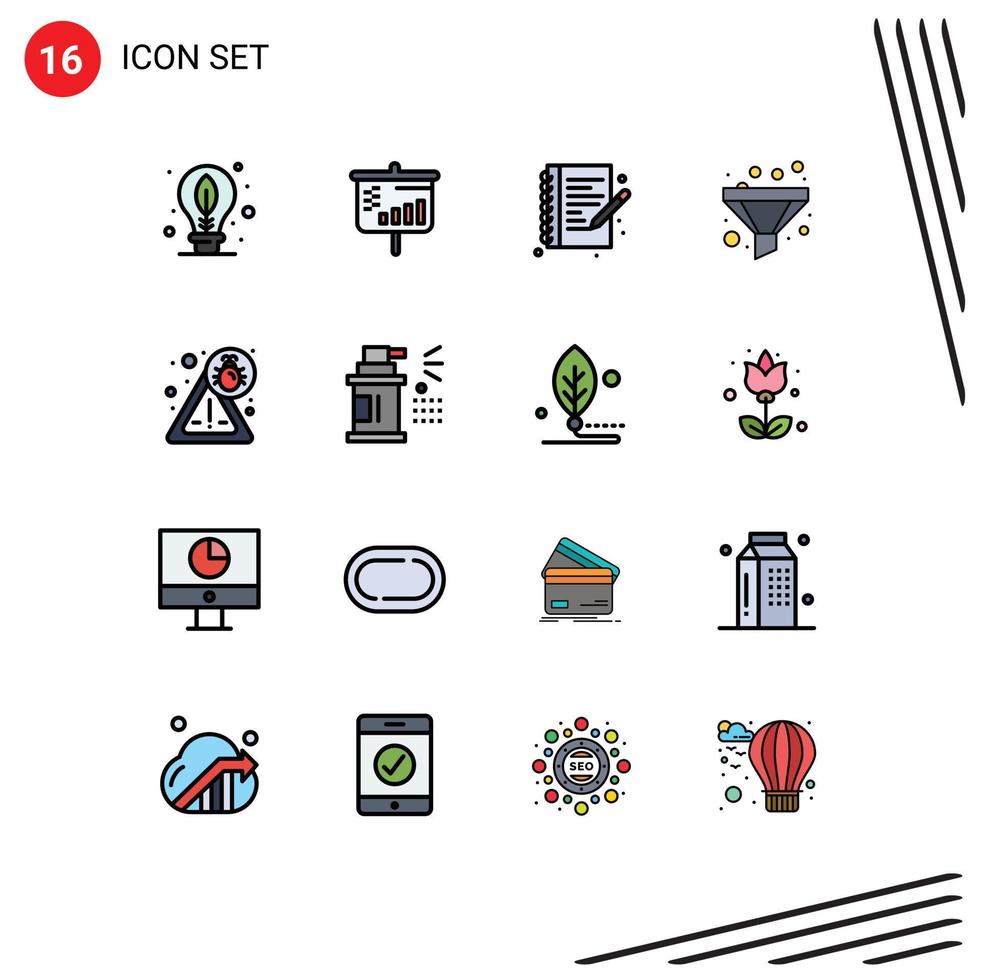 16 Universal Flat Color Filled Lines Set for Web and Mobile Applications bottle security hobby bug funnel Editable Creative Vector Design Elements