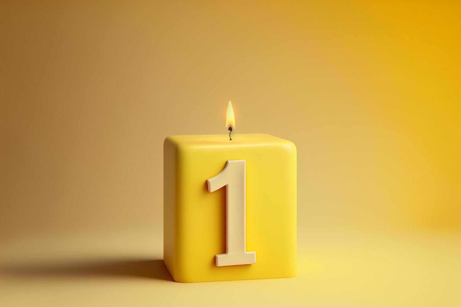 Number 1 birthday celebration candle in bright yellow background, empty Blank Space photo