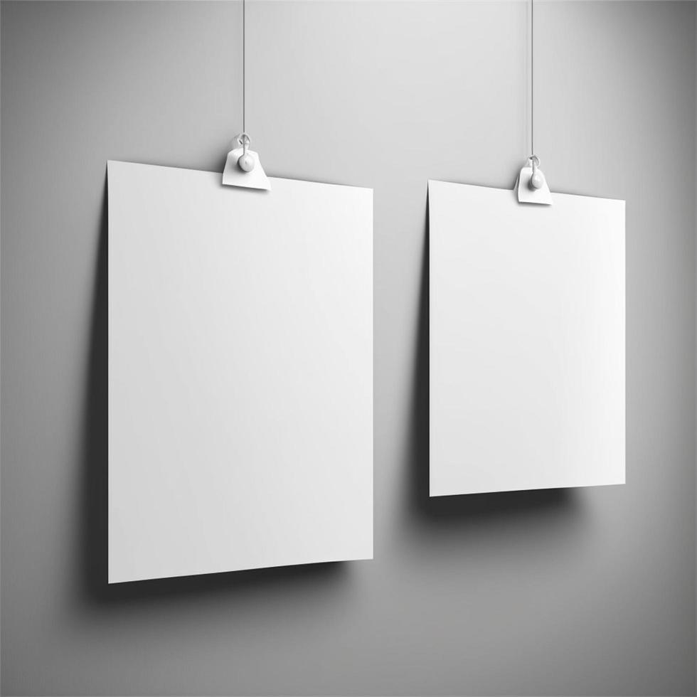 Blank posters hanging with shadows, Hanging white paper on binders, A4 paper page, mockup, sheet on wall photo
